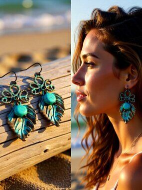 Feminine Summer Boho! Verdigris Patina Painted Bronze Leaf Dangle Earrings